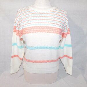 Vintage 80s Retro Les Tricots Femina Acrylic White Pink Blue Sweater Womens M